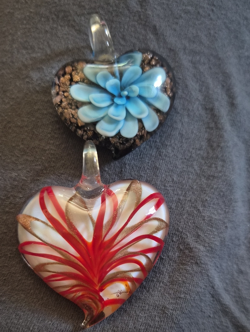 Two Hand Blown Italian Made Murano Glass Heart Pendants